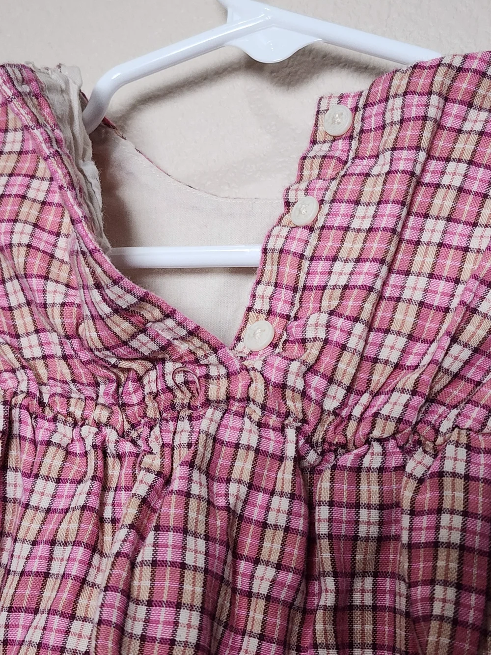Pink Cotton Plaid Long-Sleeve Girls' Peasant Dress Cottagecore